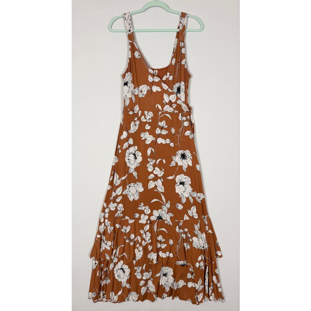 Anthropologie Ruffled Floral Midi Dress Brown Motif Medium Faux Wrap Resortwear - Picture 5 of 12